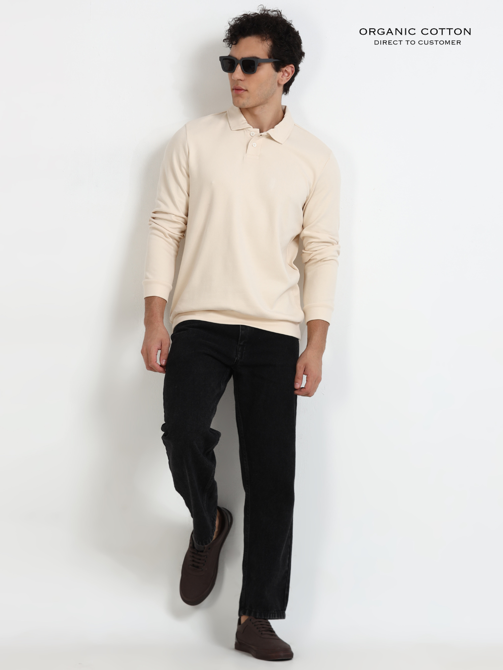Beige Mens Organic Cotton Polo Pull-Over Button