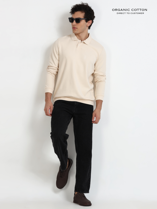 Beige Mens Organic Cotton Polo Pull-Over Button