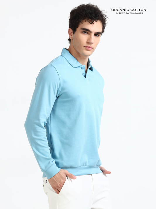 Delphinium Blue Mens Organic Cotton Polo Pull-Over Button