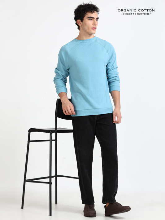 Delphinium Blue Organic Cotton  Raglon Rib Pullover for Men