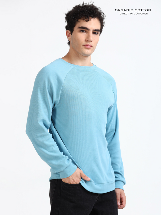 Delphinium Blue Organic Cotton  Raglon Rib Pullover for Men