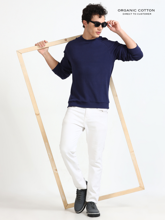 Medeival Blue Organic Cotton  Raglon Rib Pullover for Men