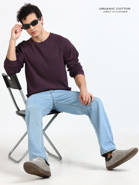 Wine Organic Cotton Raglon Rib Pullover for Men
