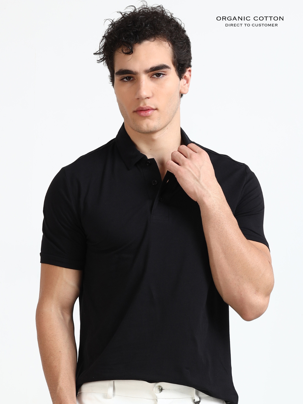 Black Organic Cotton Polo T-Shirt Button for Men