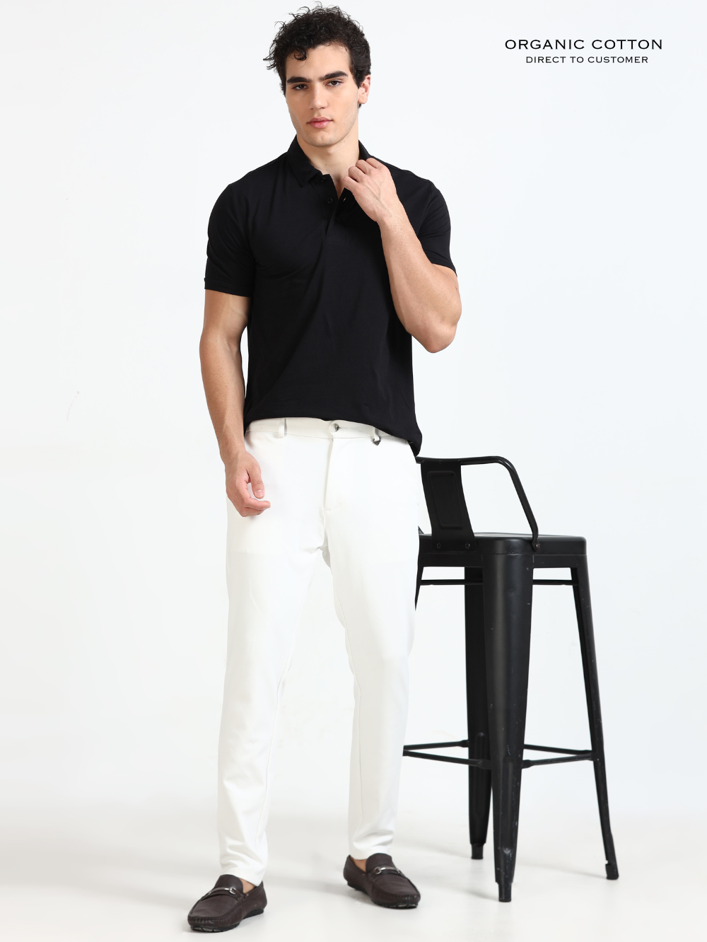Black Organic Cotton Polo T-Shirt Button for Men