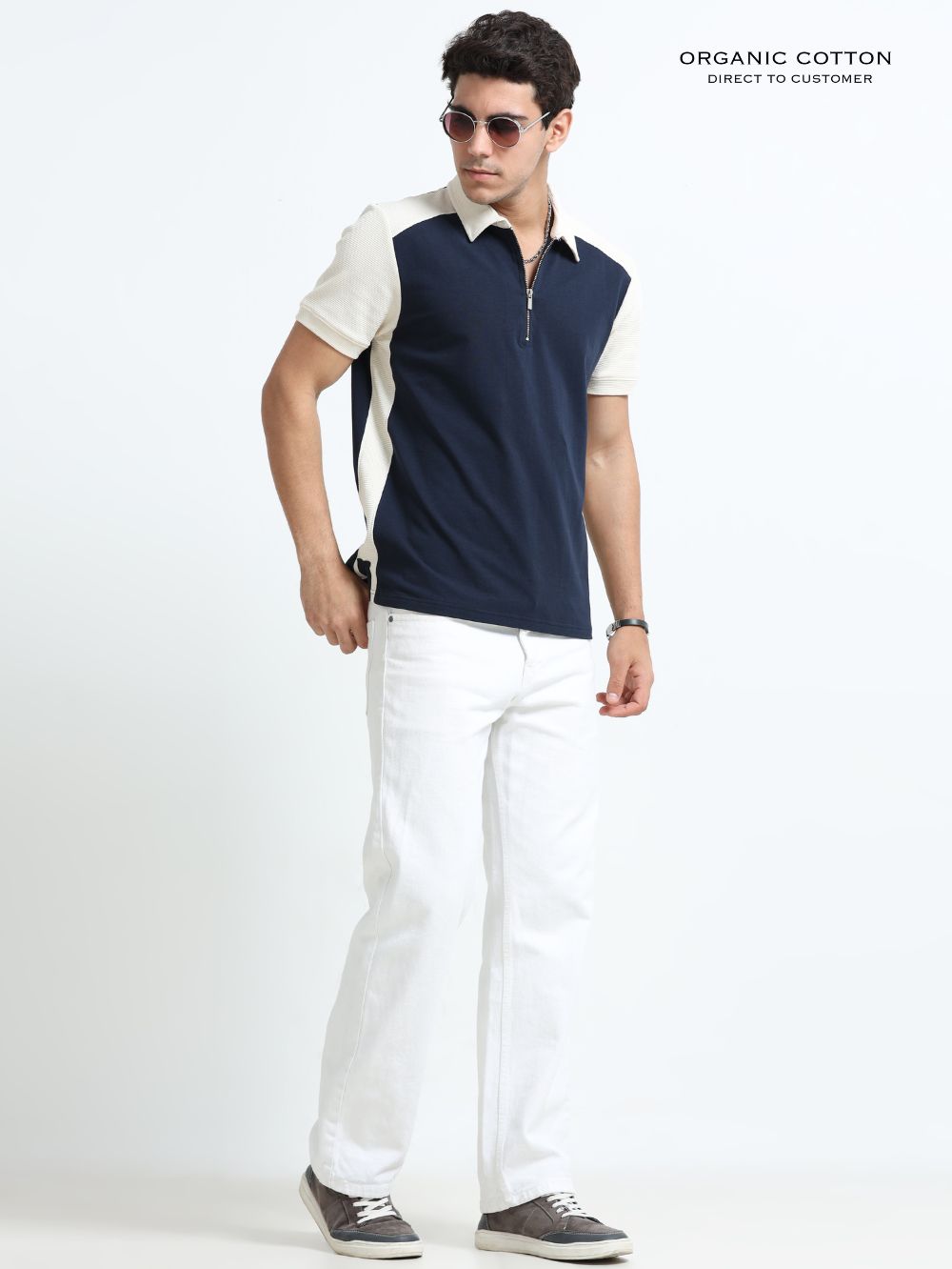 Beige Modern Contrast Panel Zip Polo T-Shirt for Mens