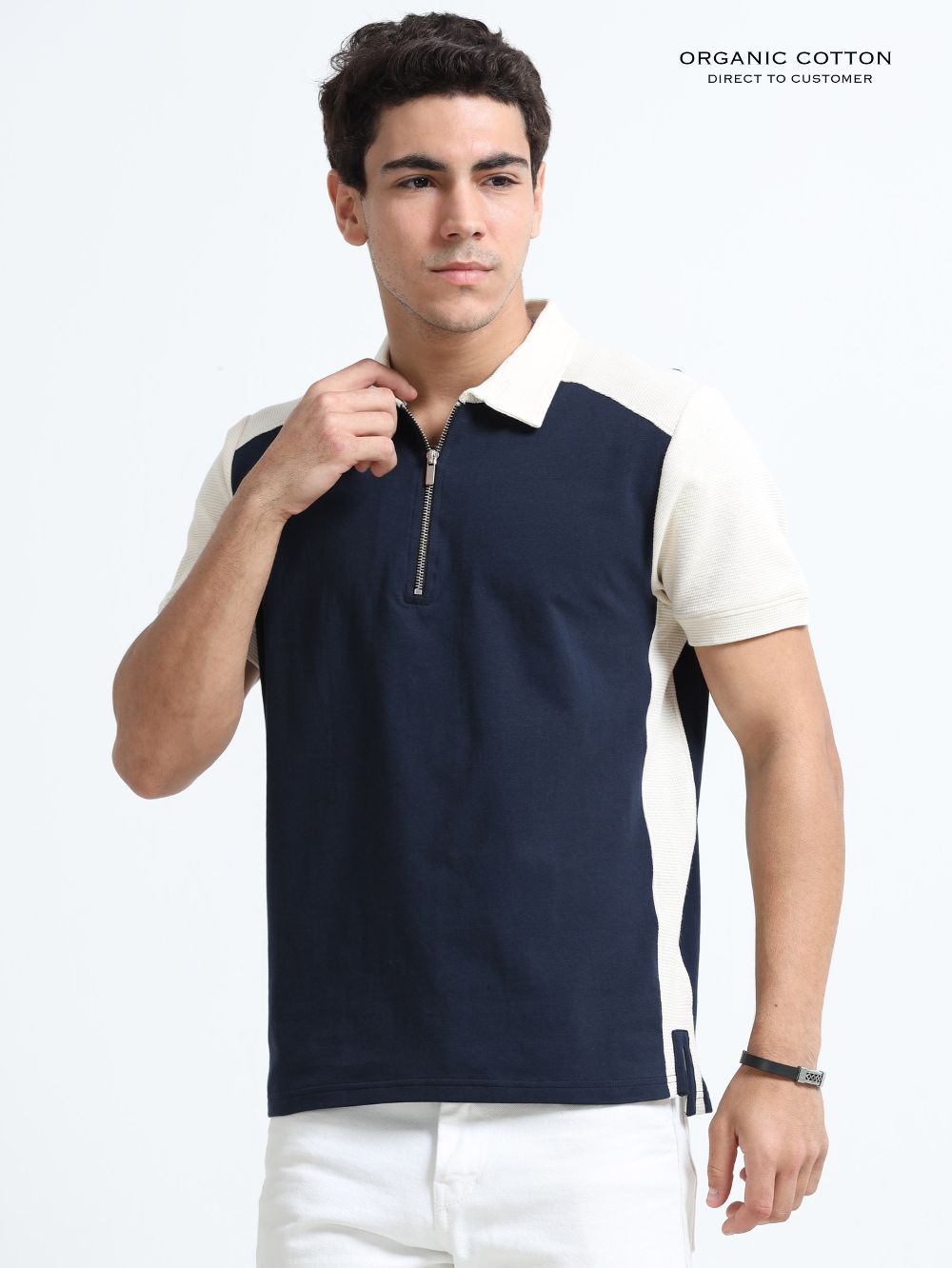 Beige Modern Contrast Panel Zip Polo T-Shirt for Mens