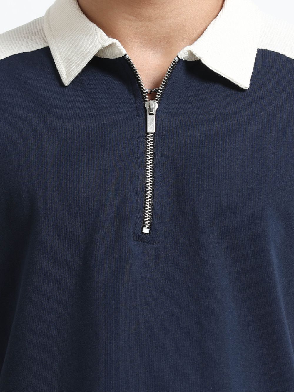 Beige Modern Contrast Panel Zip Polo T-Shirt for Mens