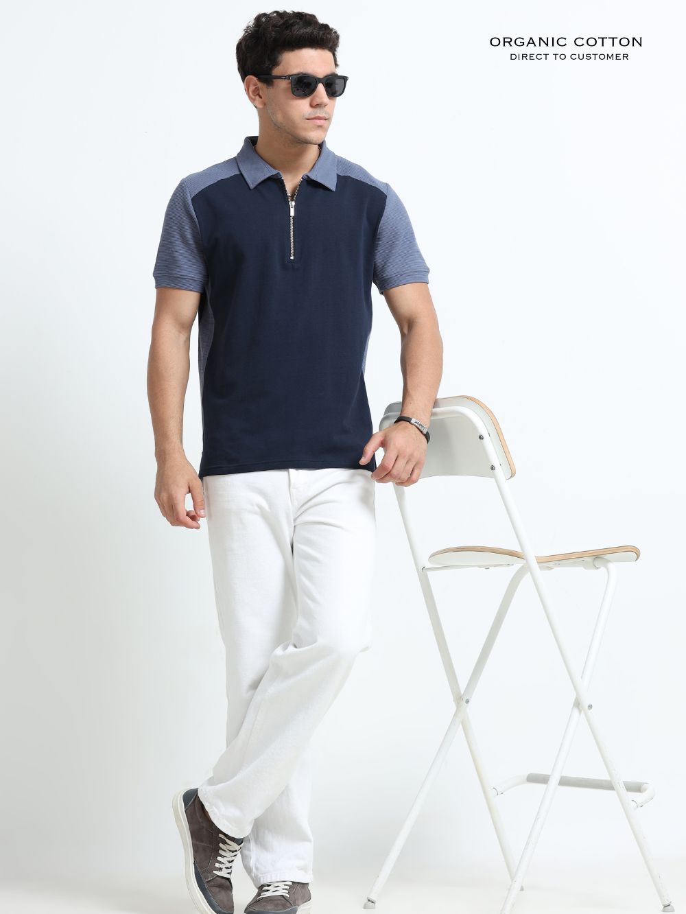 Blueish Grey Modern Contrast Panel Zip Polo T-Shirt for Mens