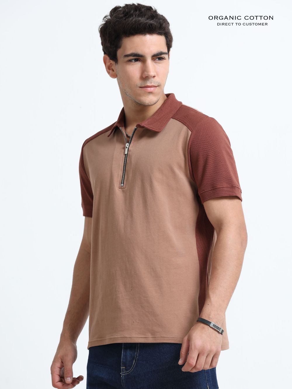 Dark Brown Modern Contrast Panel Zip Polo T-Shirt for Mens