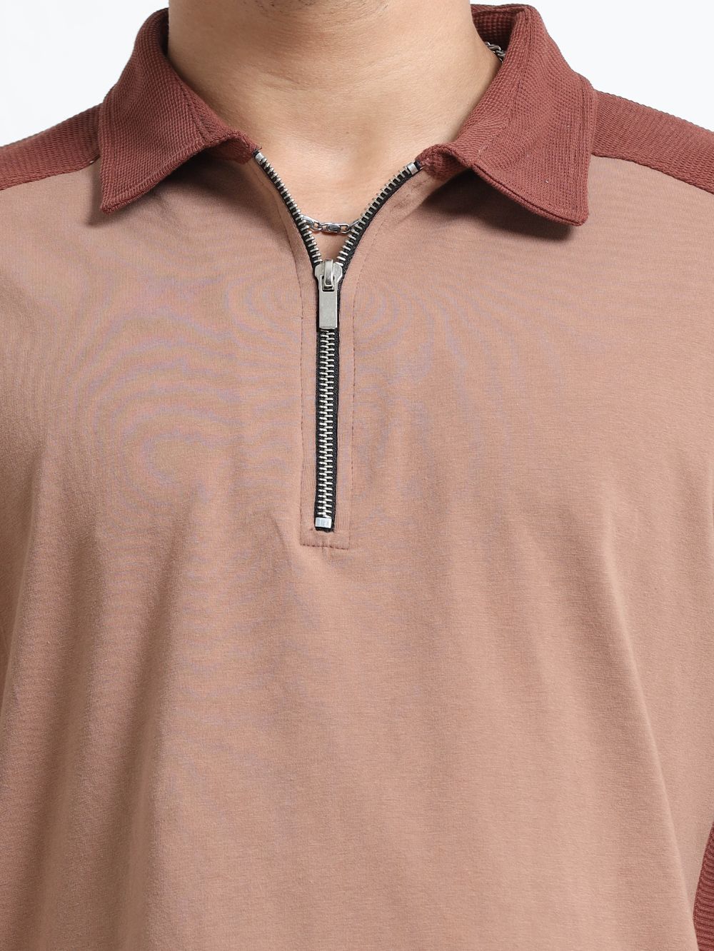 Dark Brown Modern Contrast Panel Zip Polo T-Shirt for Mens