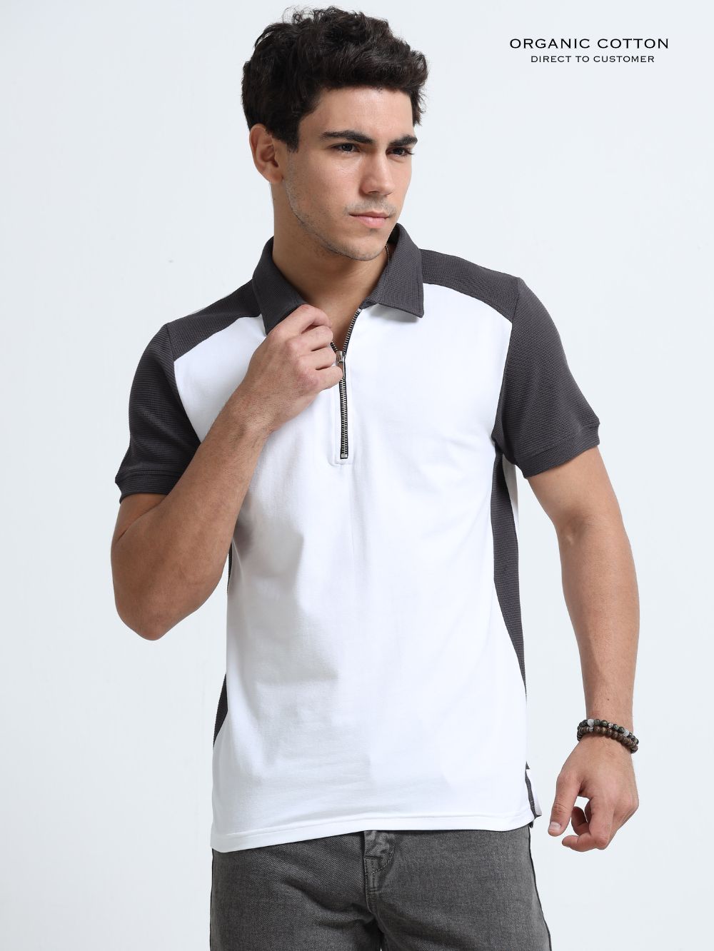 Dark Grey Modern Contrast Panel Zip Polo T-Shirt for Mens