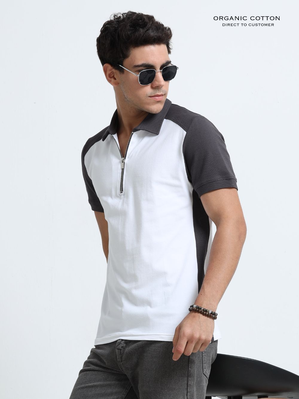 Dark Grey Modern Contrast Panel Zip Polo T-Shirt for Mens