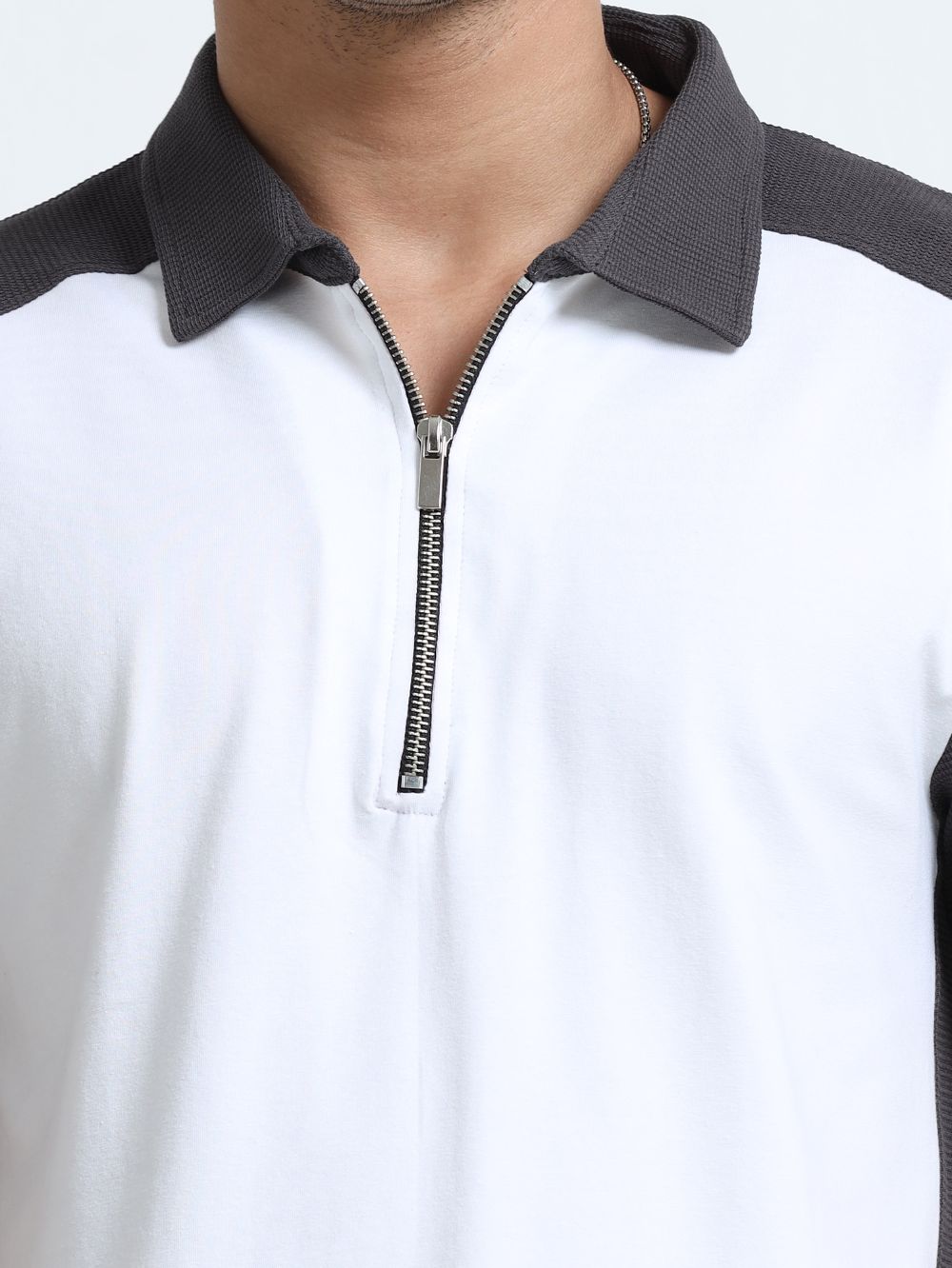Dark Grey Modern Contrast Panel Zip Polo T-Shirt for Mens