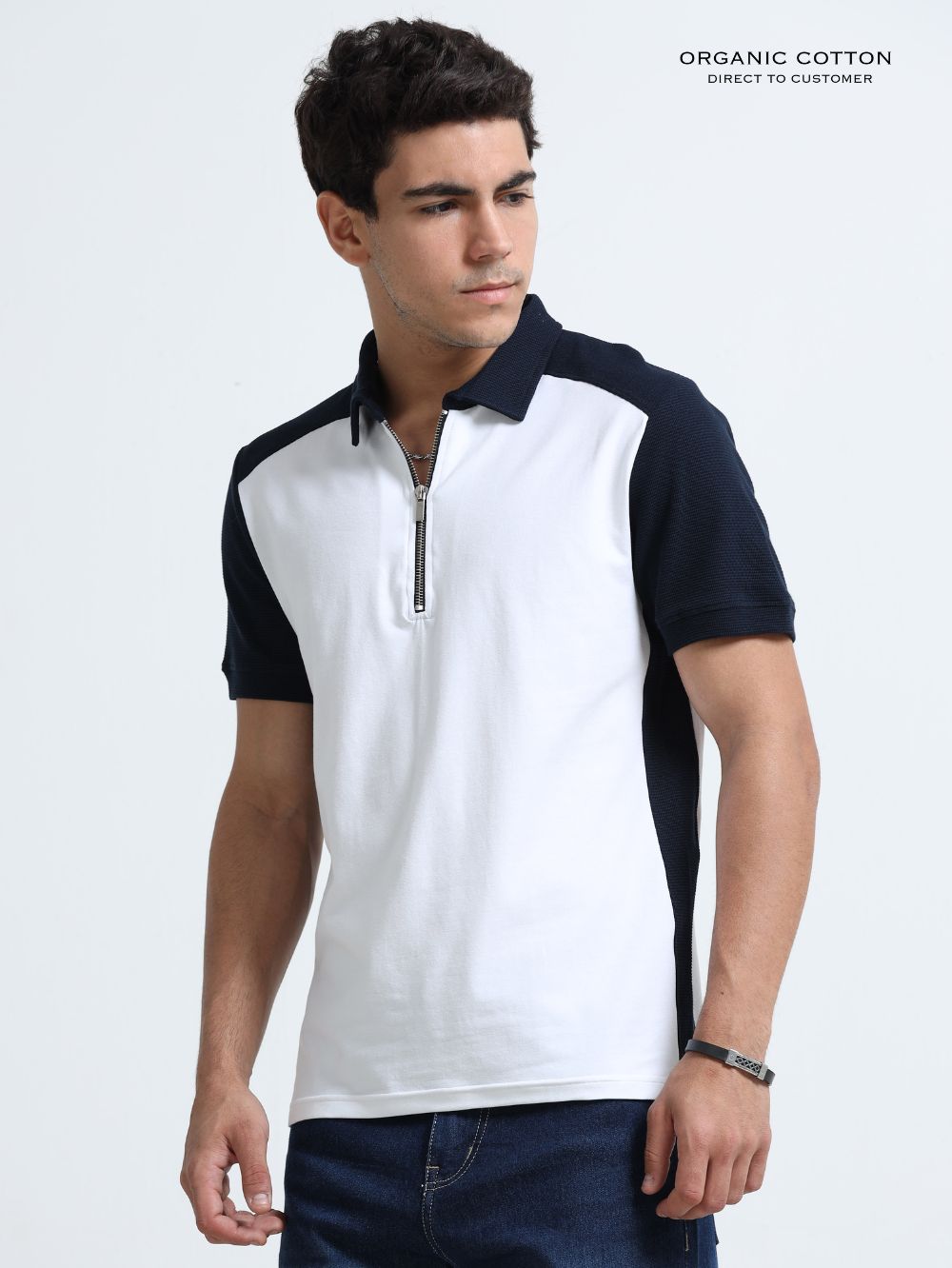 Navy Modern Contrast Panel Zip Polo T-Shirt for Mens