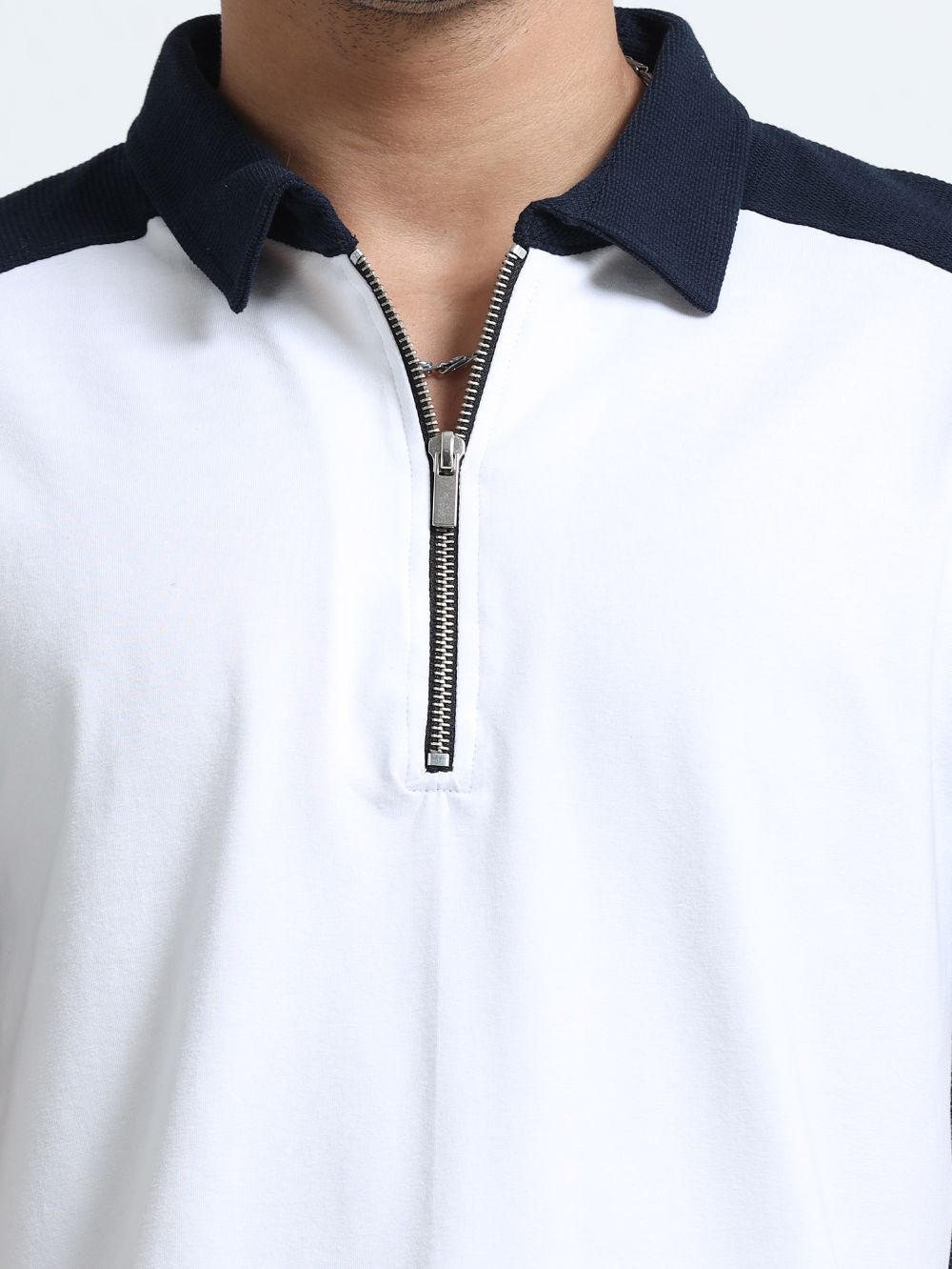 Navy Modern Contrast Panel Zip Polo T-Shirt for Mens