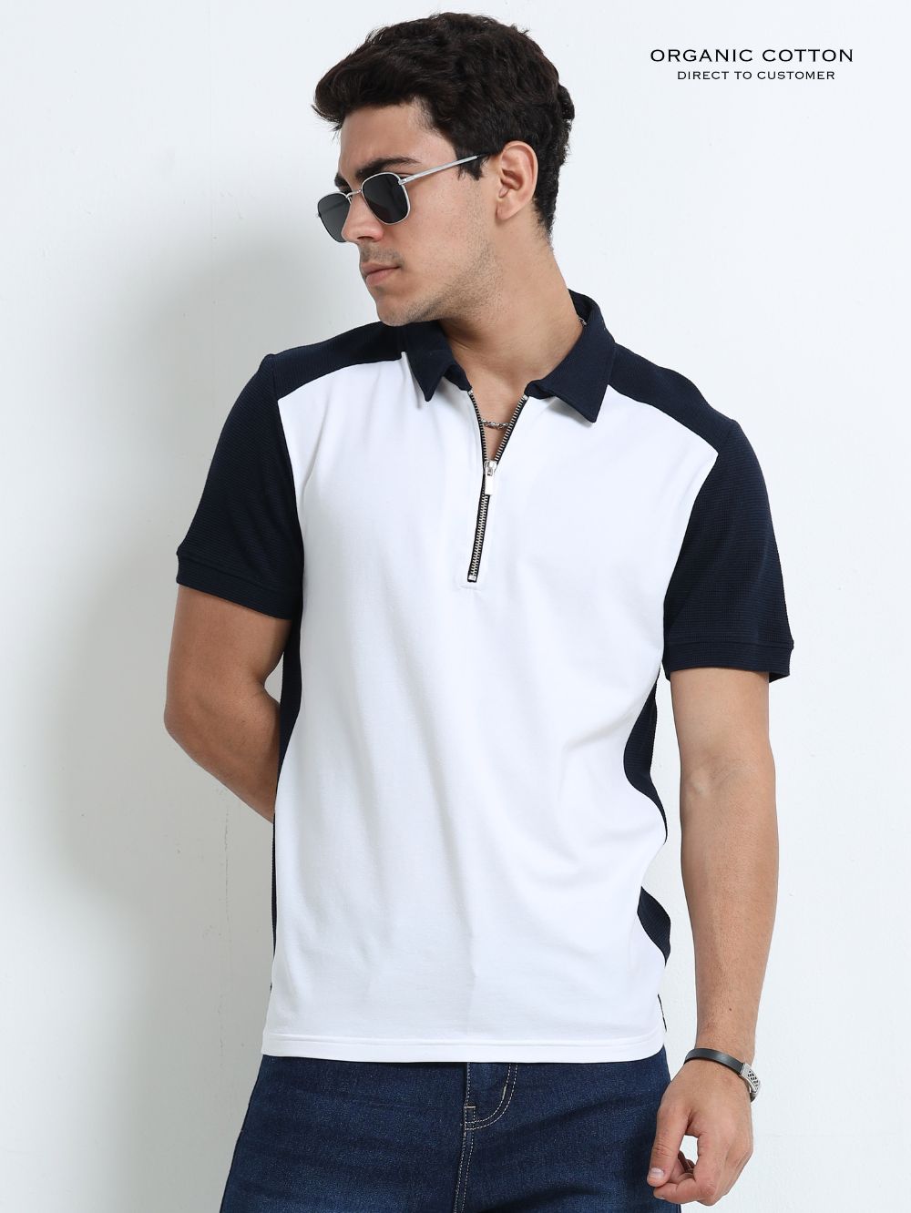 Navy Modern Contrast Panel Zip Polo T-Shirt for Mens