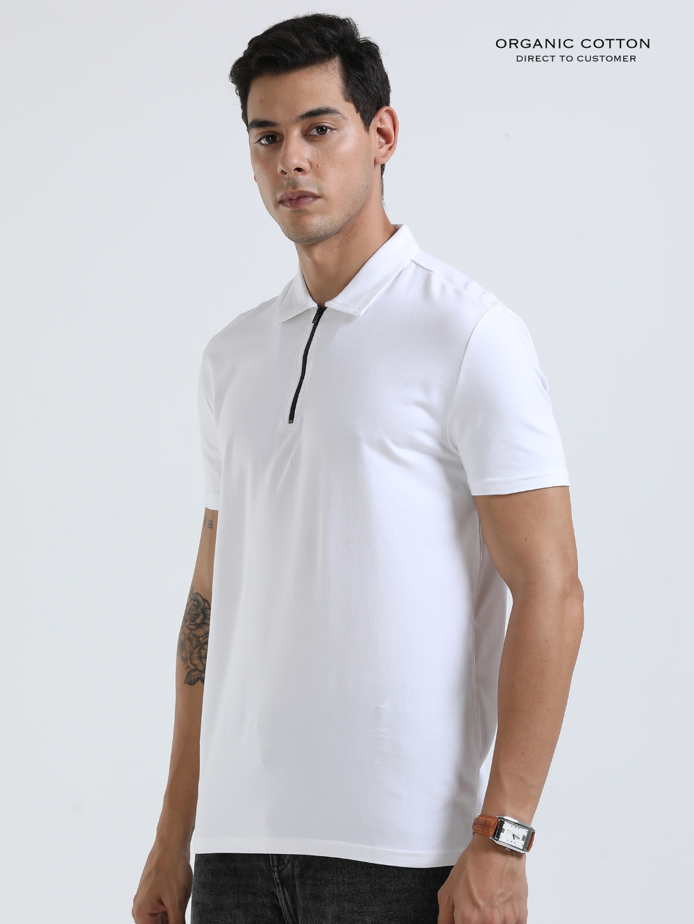 White Organic Cotton Zipper Polo T-Shirt for Men