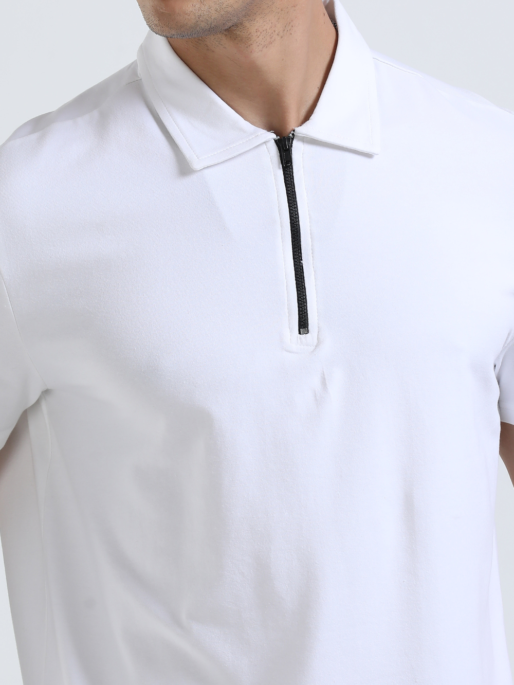 White Organic Cotton Zipper Polo T-Shirt for Men