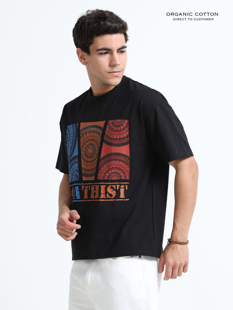 Voyager Graphic Organic Cotton Oversized Printed Tee for Men's – Black