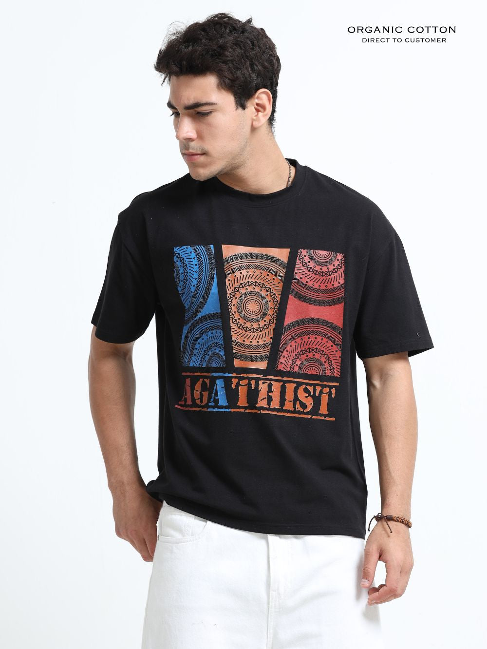 Organic Cotton Oversized Printed Tee for Men - Black - P15