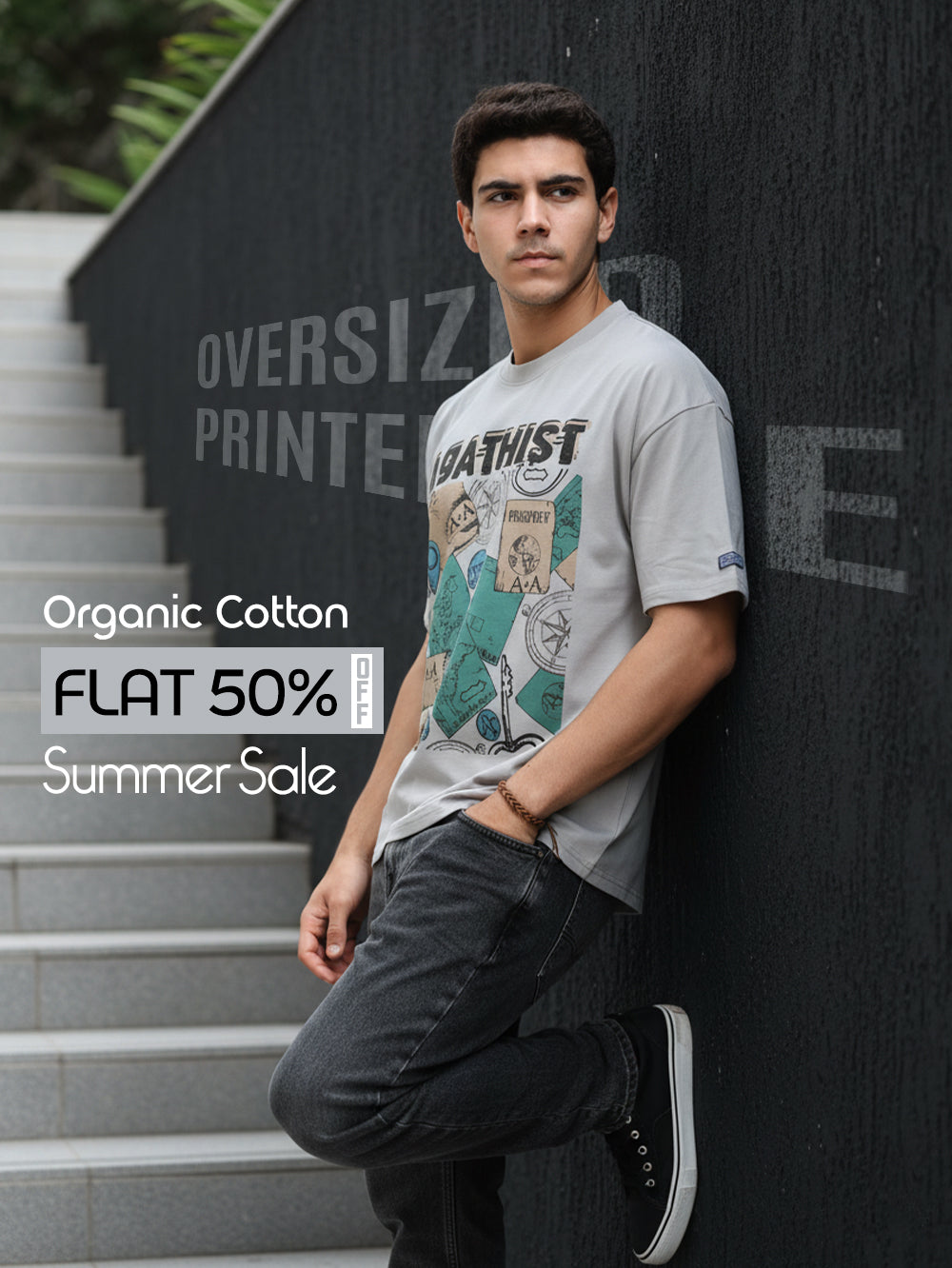 Adventure Patch Organic Cotton Oversized Printed Tee for Men's – Sliver Grey
