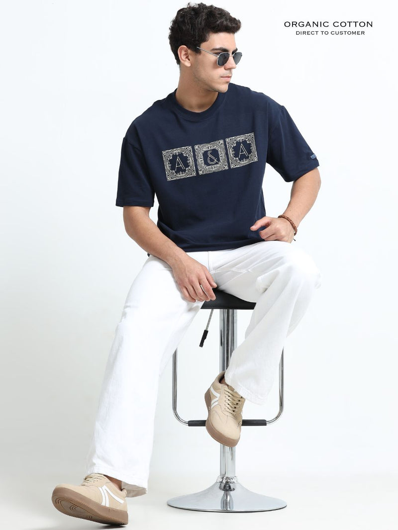 Essential Logo Organic Cotton Oversized Printed Tee for Men's – Navy