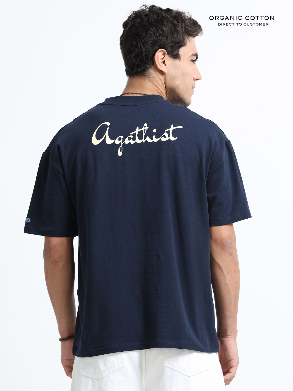 Organic Cotton Oversized Printed Tee for Men - Navy - P18