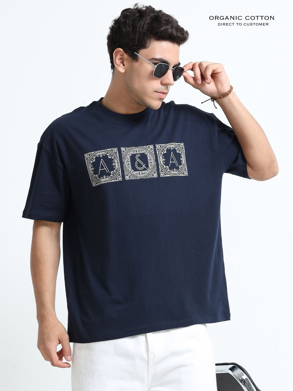 Organic Cotton Oversized Printed Tee for Men - Navy - P18