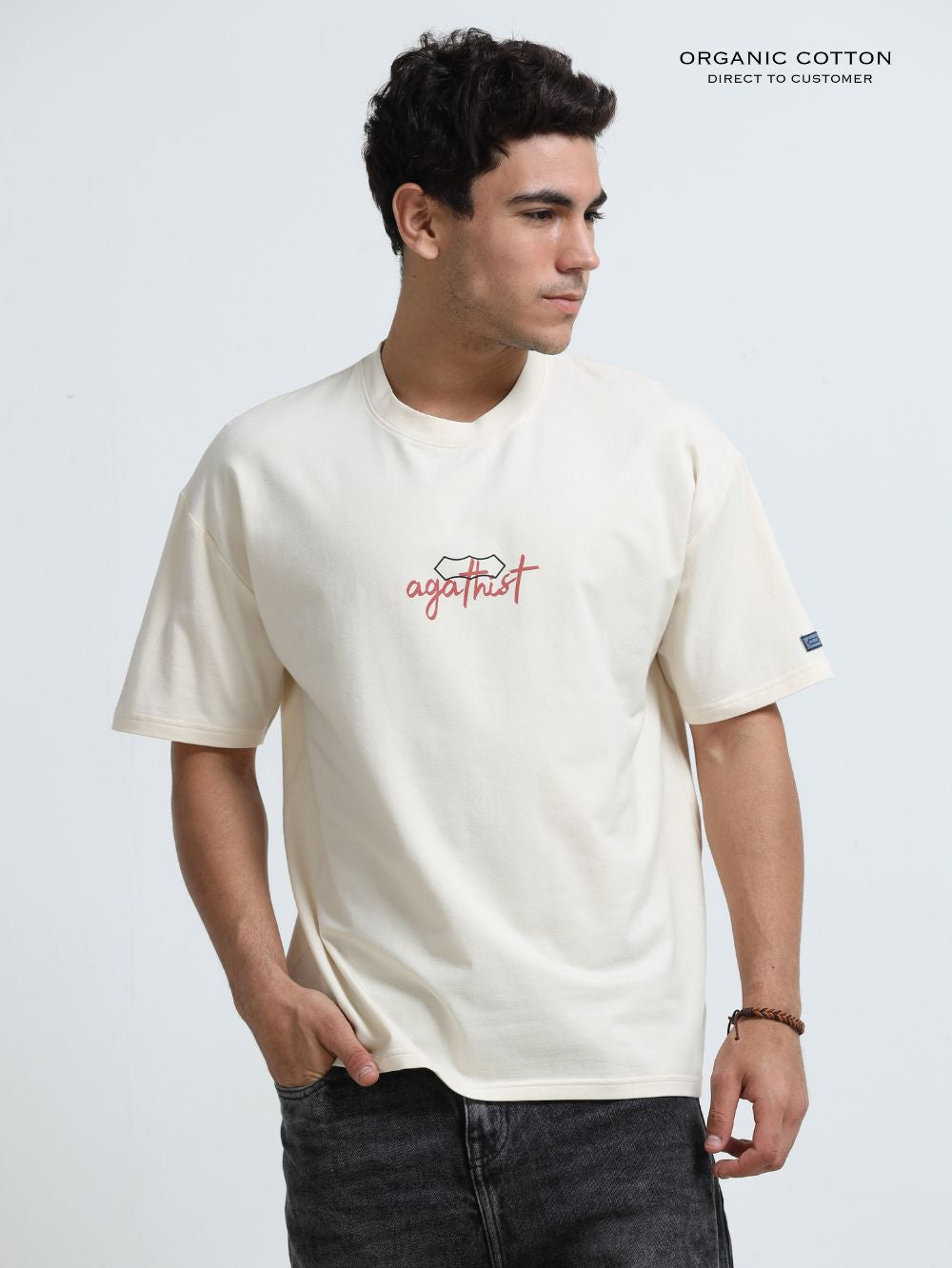 Timeless Script Organic Cotton Oversized Printed Tee for Men's – Beige