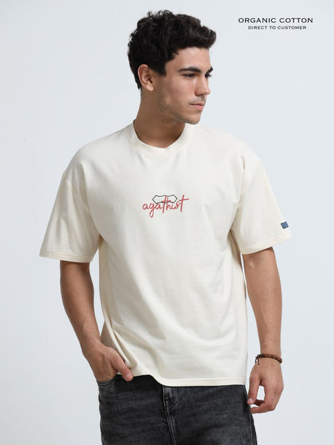 Timeless Script Organic Cotton Oversized Printed Tee for Men's – Beige