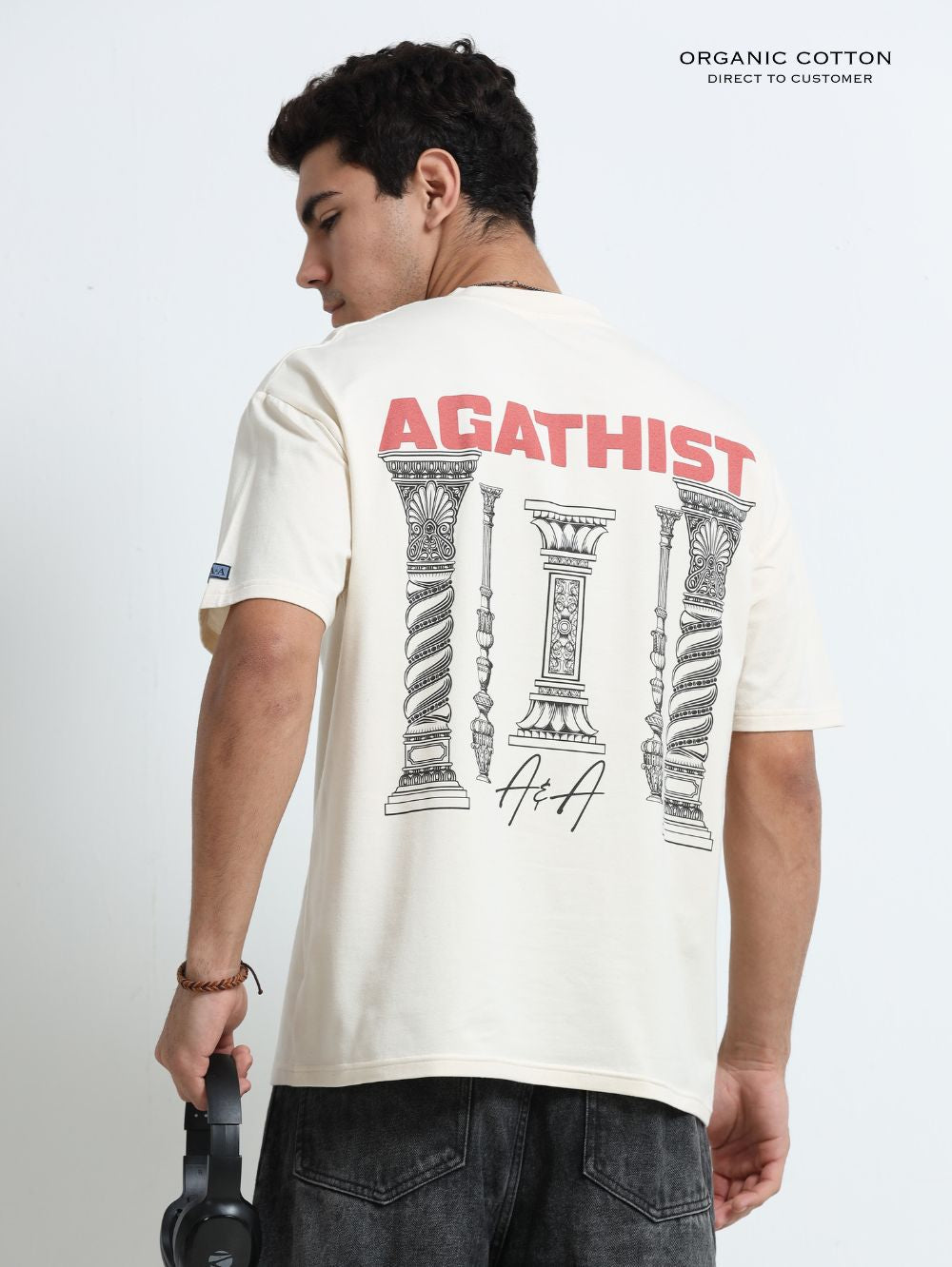 Organic Cotton Oversized Printed Tee for Men - Beige - P19