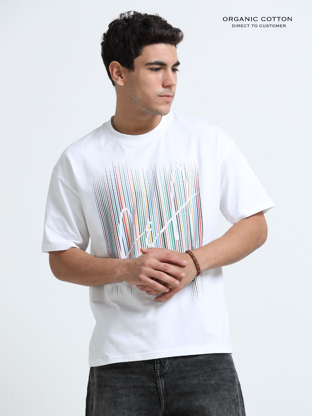 Prism Streak Organic Cotton Oversized Printed Tee for Men's – White