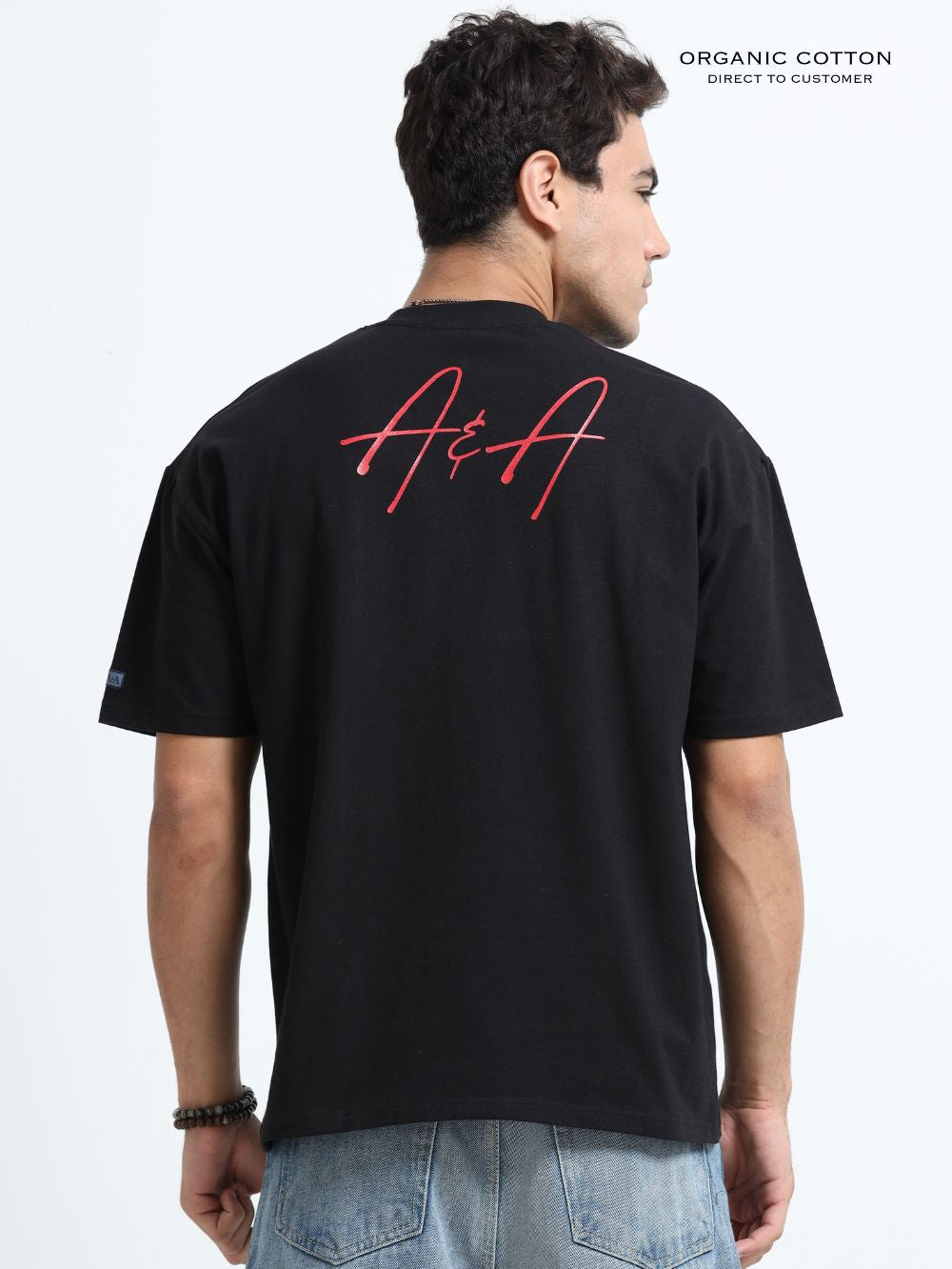 Organic Cotton Oversized Printed Tee for Men - Black - P22