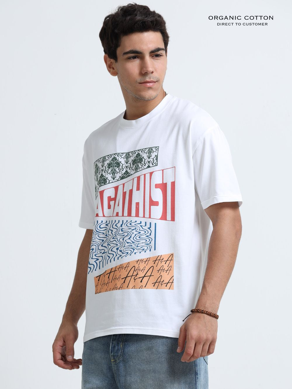 Organic Cotton Oversized Printed Tee for Men - White - P25