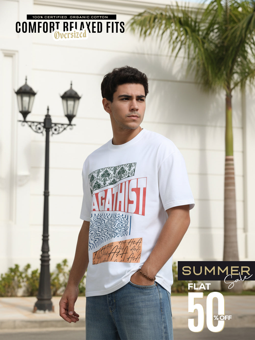 Urban Ethnic Organic Cotton Oversized Printed Tee for Men's – White