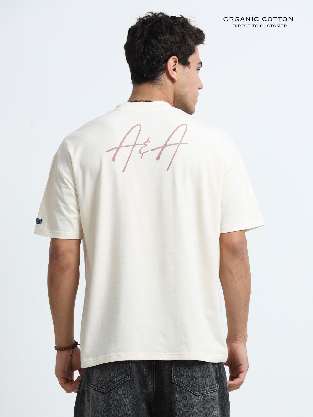 Organic Cotton Oversized Printed Tee for Men - Beige - P26