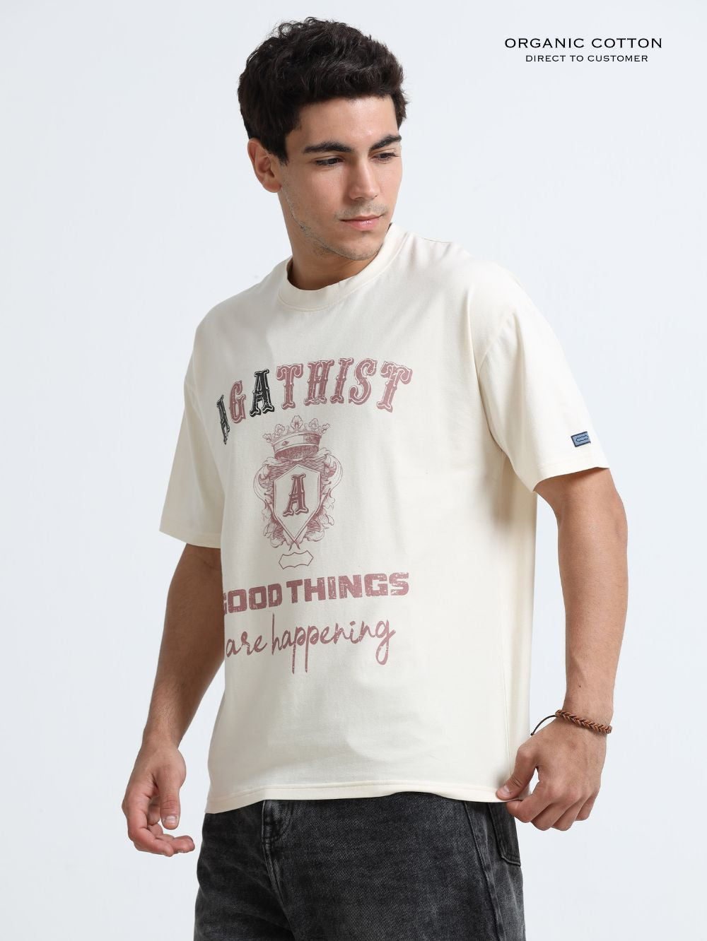 Organic Cotton Oversized Printed Tee for Men - Beige - P26