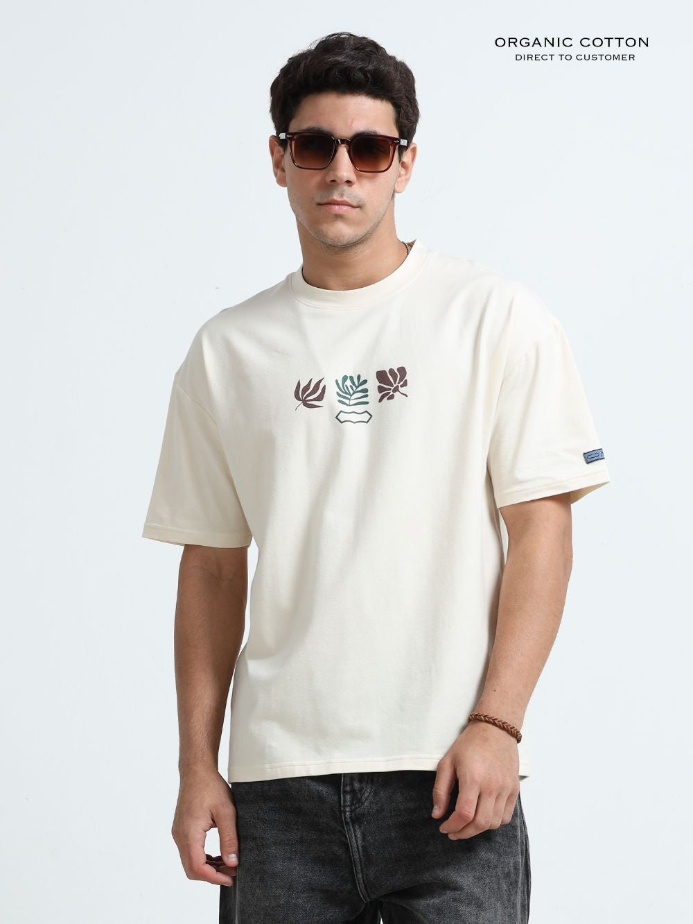 Organic Cotton Oversized Printed Tee for Men - Beige - P40