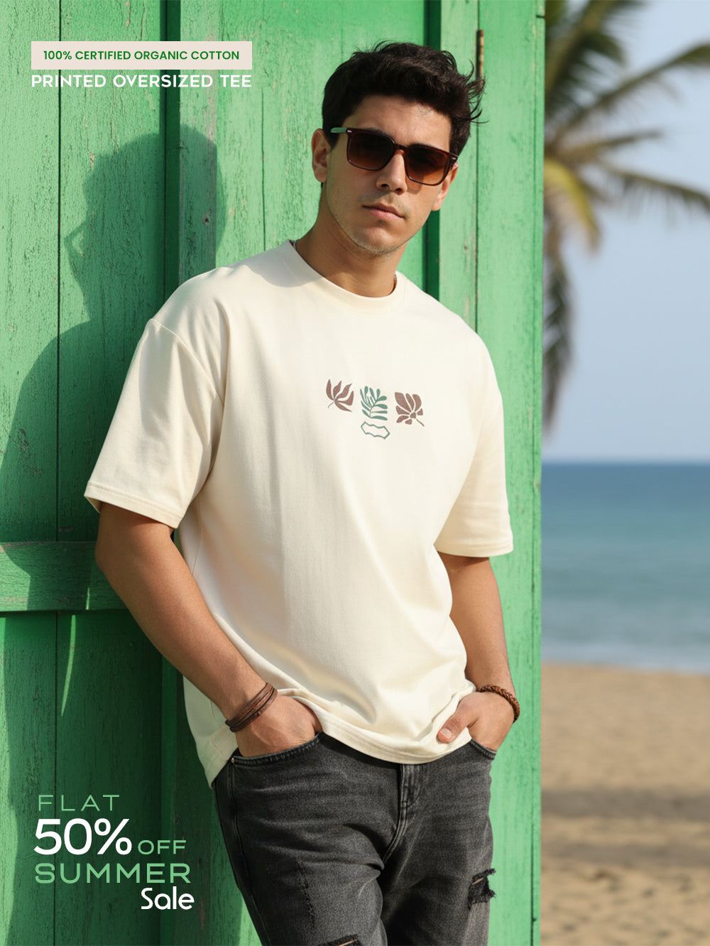 Soft Signature Organic Cotton Oversized Printed Tee for Men's – Beige