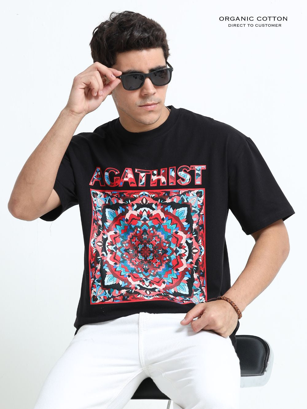 Mystic Mandala Organic Cotton Oversized Printed Tee for Men's – Black