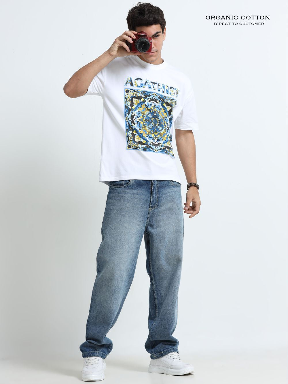 Celestial Mandala Organic Cotton Oversized Printed Tee for Men's – White