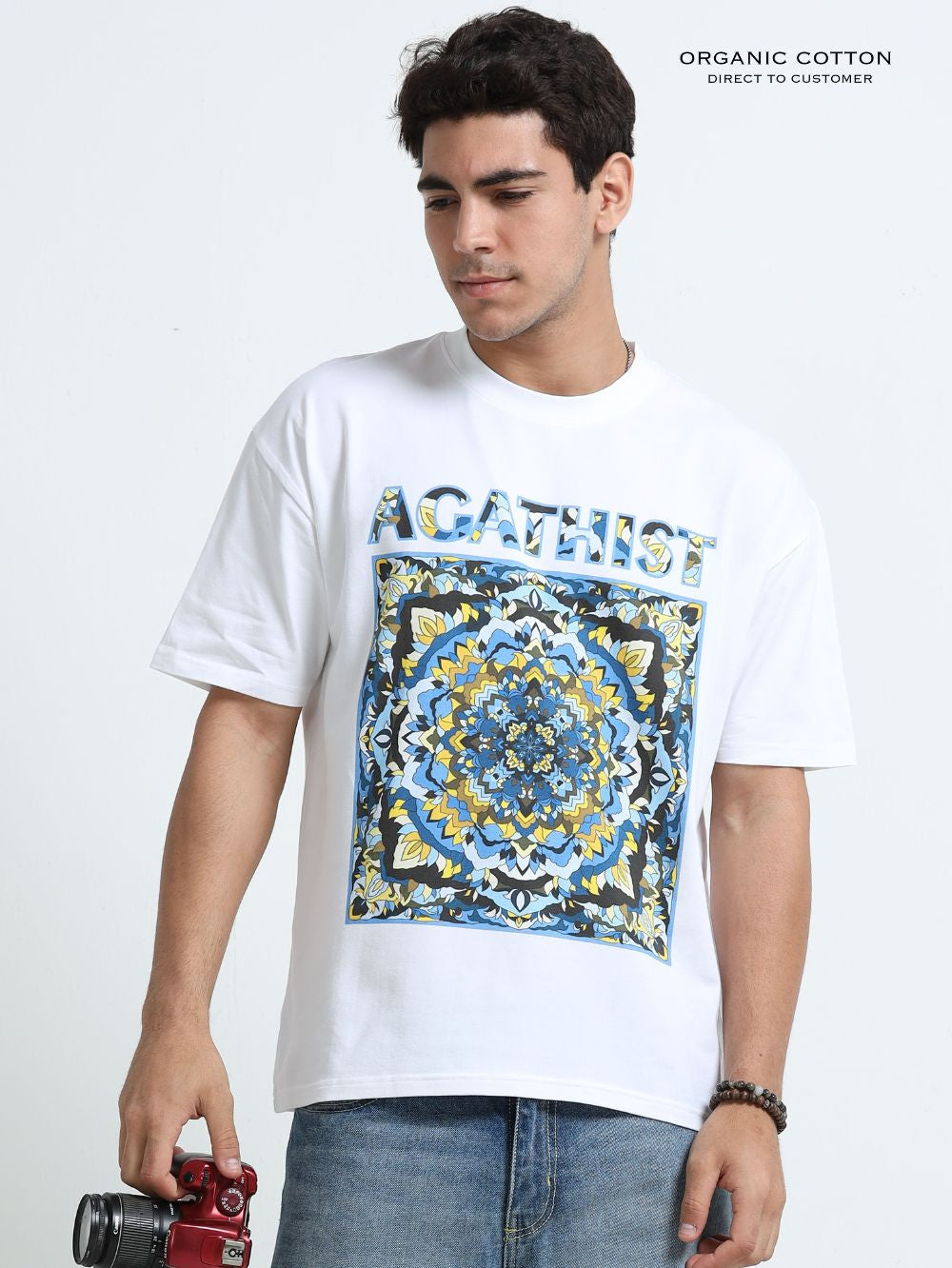 Celestial Mandala Organic Cotton Oversized Printed Tee for Men's – White