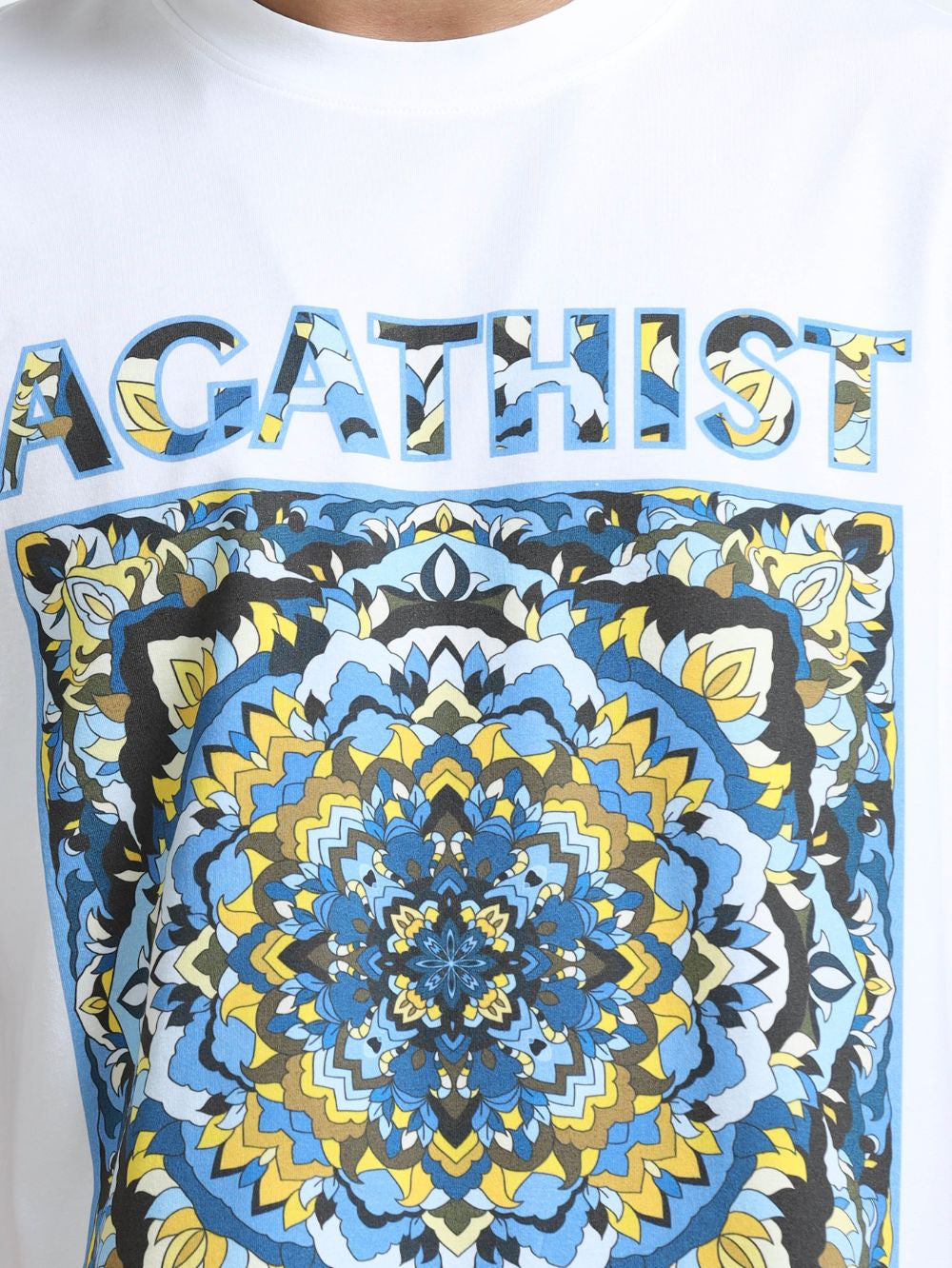 Celestial Mandala Organic Cotton Oversized Printed Tee for Men's – White