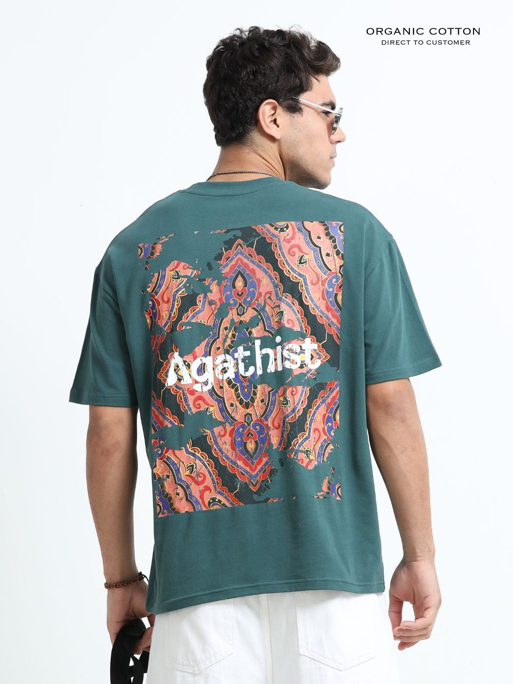 Retro Mosaic Organic Cotton Oversized Printed Tee for Men's – Dark Green