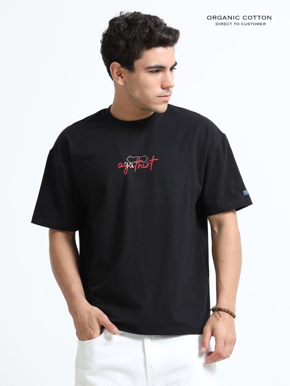 Organic Cotton Oversized Printed Tee for Men - Black - P44