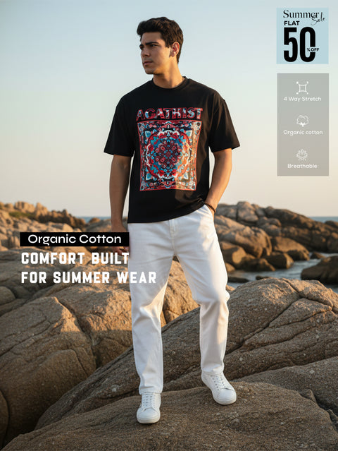 Mystic Mandala Organic Cotton Oversized Printed Tee for Men's – Black