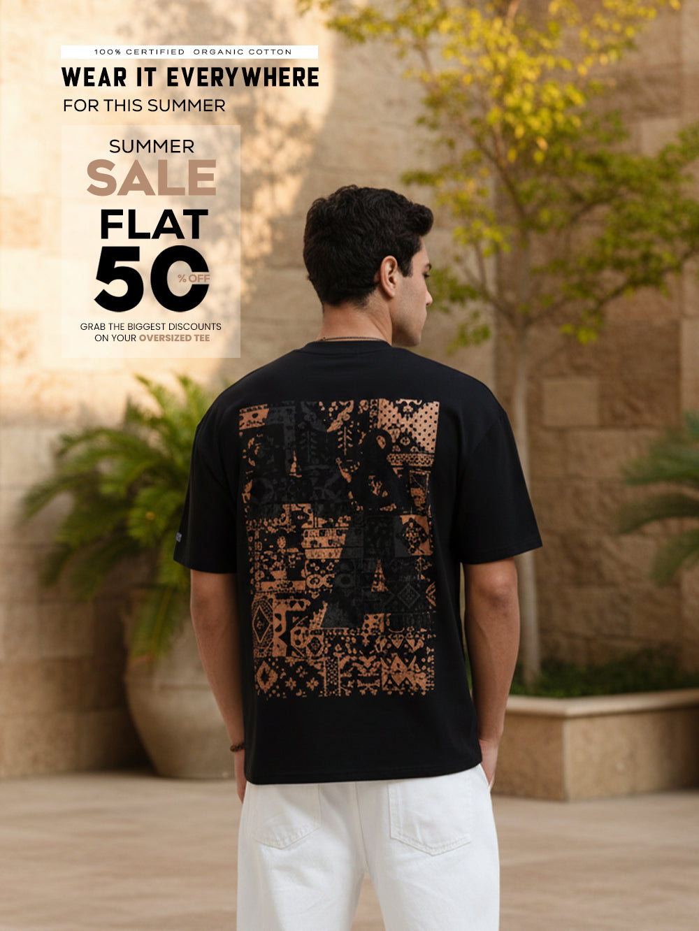 Celestial Mandala Organic Cotton Oversized Printed Tee for Men's – Black