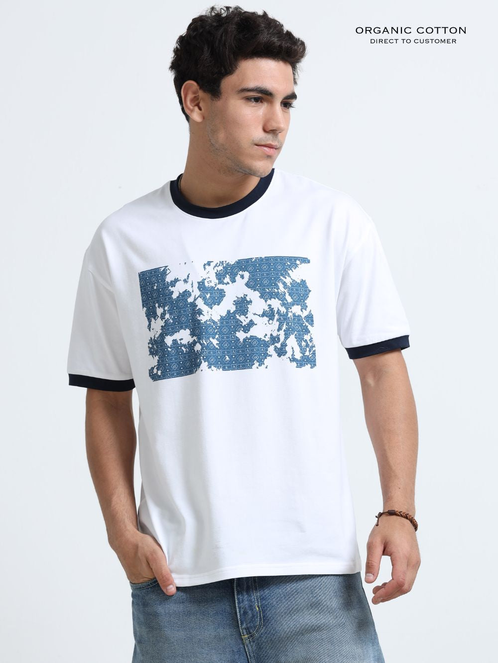 Sage Splash Organic Cotton Oversized Printed Tee for Men's – White