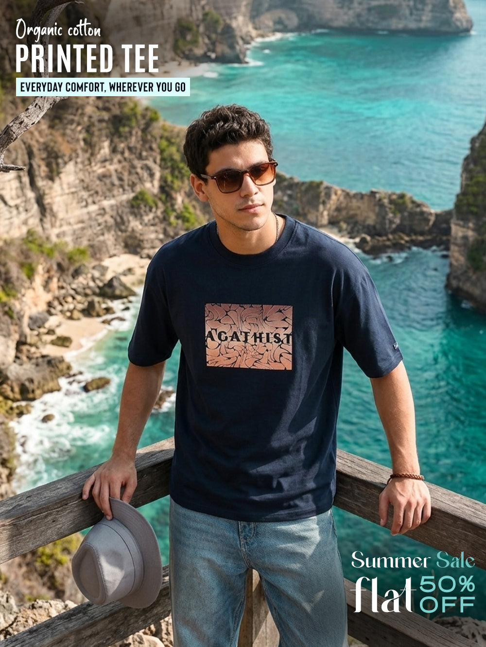 Deep Ocean Organic Cotton Printed T-Shirt for Men's – Navy